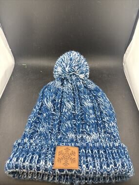 Gertex Blue White Space Dye Cable Knit Winter Pom Beanie Hat Snowflake Patch